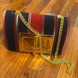 Red and Blue Striped Shoulder Bag with Gold Chain